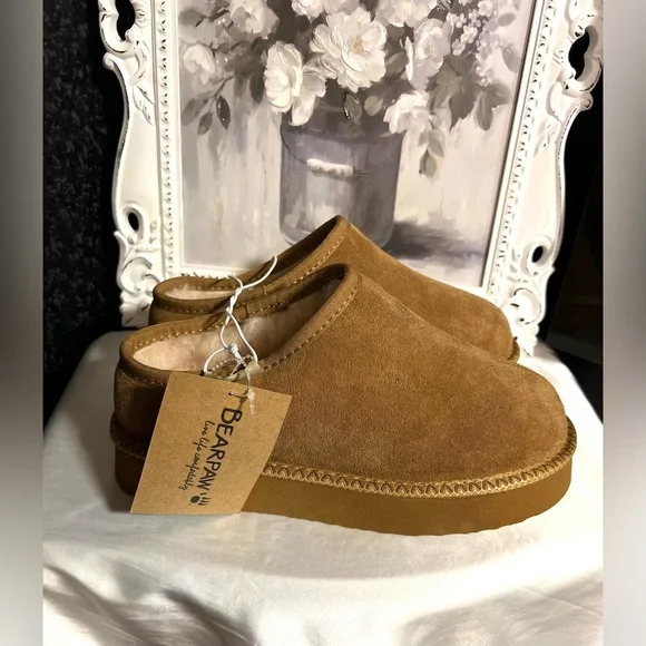 🤎BEARPAW WOMENS CAROLINE GENUINE SUEDE PLATFORM SHEARLING SLIPPERS/SLIDES-SZ 10🤎 - Picture 5 of 11